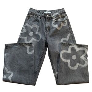 Adika Washed Gray Flower Print Jeans Size S Wide Leg Y2K-Style Denim 100% Cotton